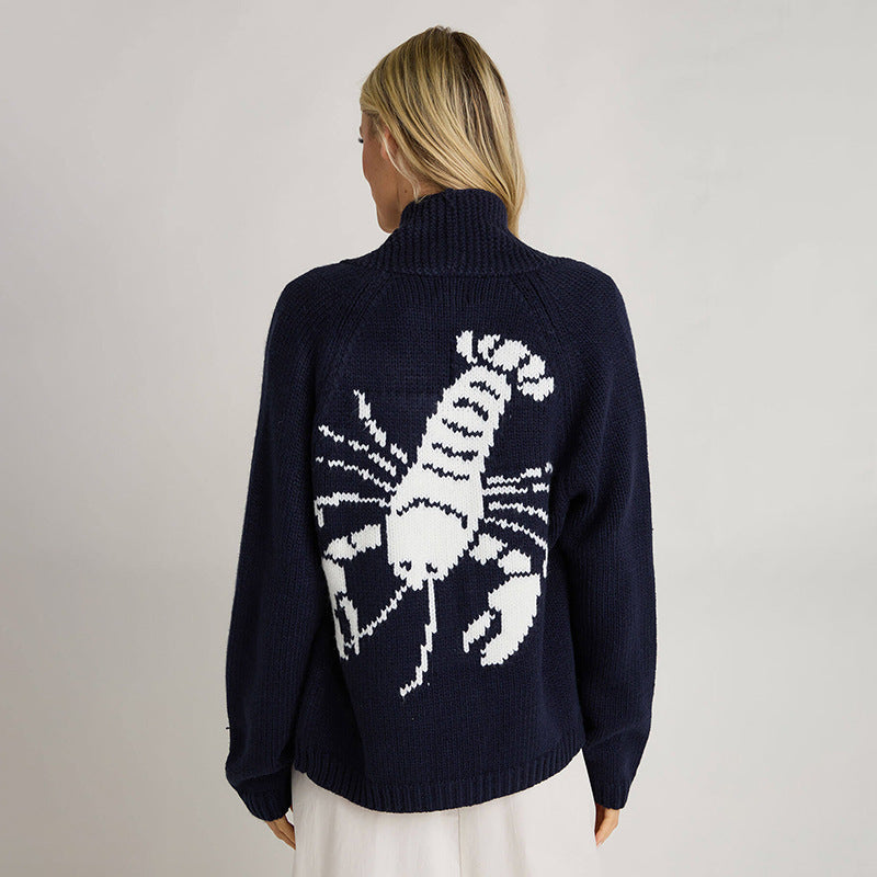 Pull à col roulé en grosse maille pour femmes avec motif en intarsia de homard et coupe oversize décontractée Echoarchiv