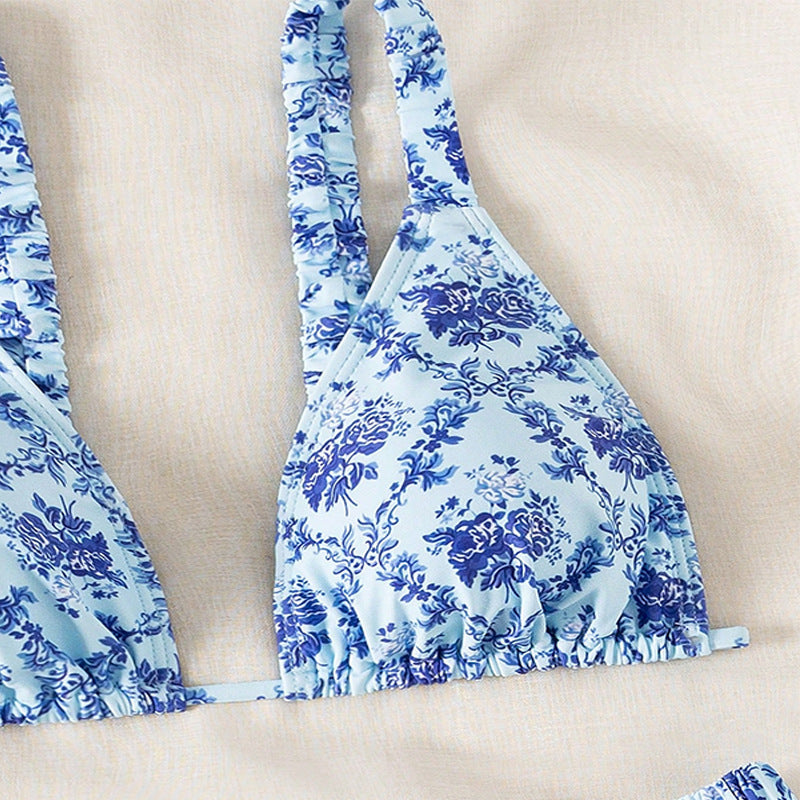 Bikini brésilien taille haute pour femmes avec détails en volants floraux R&B
