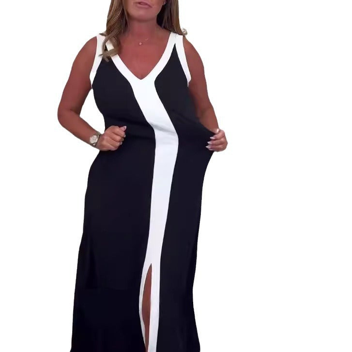 Robe femme cintrée à décolleté en V avec empiècement contrasté et fente centrale R&B