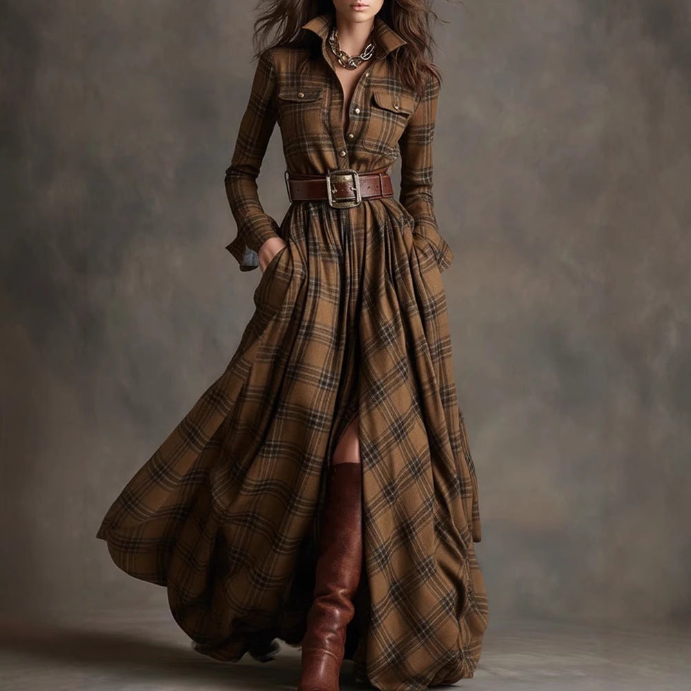 Robe Maxi à Carreaux pour Femmes avec Haut de Chemise, Taille Cintrée et Poches Latérales Echoarchiv