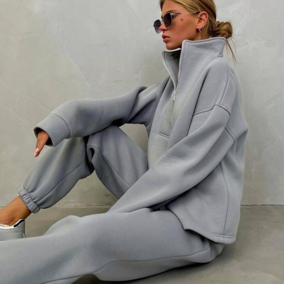 Ensemble de lounge oversize à demi-zip pour femmes en French-Terry lourd avec col montant