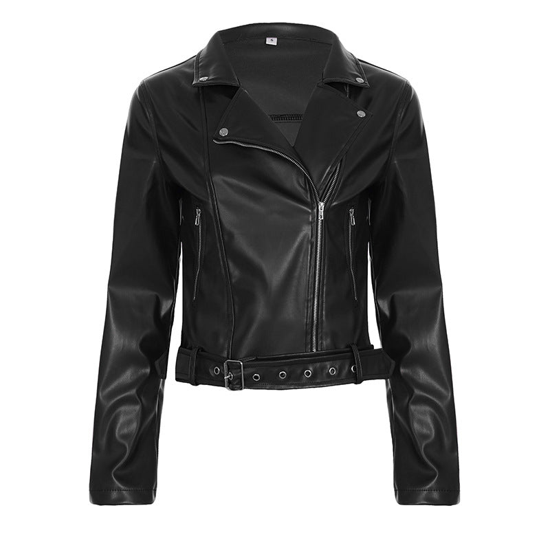 Veste de moto cintrée pour femmes en simili cuir avec fermeture éclair asymétrique, détails métalliques et ceinture à la taille Echo Archiv