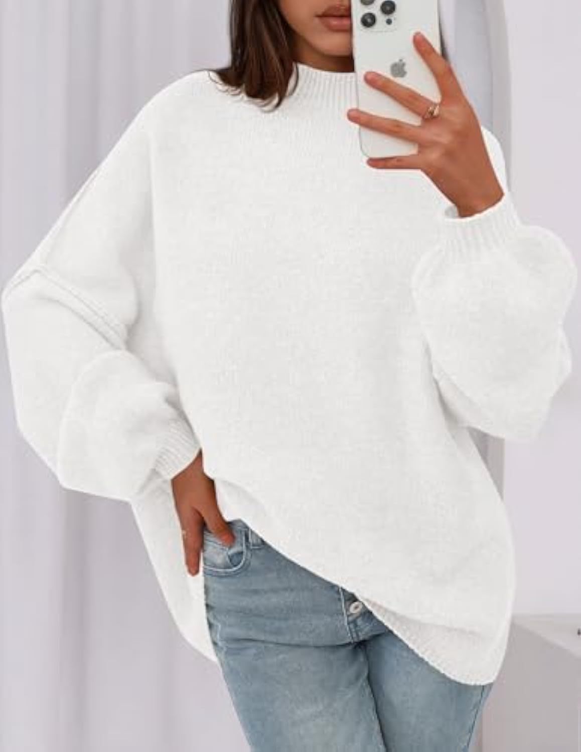Pull en maille oversize pour femmes avec col montant et manches ballon