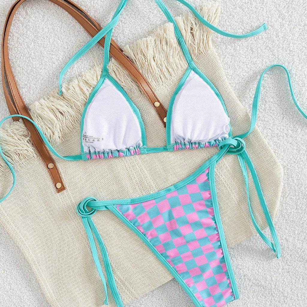 Bikini triangle pour femmes avec motif à carreaux et liens raffinés R&B