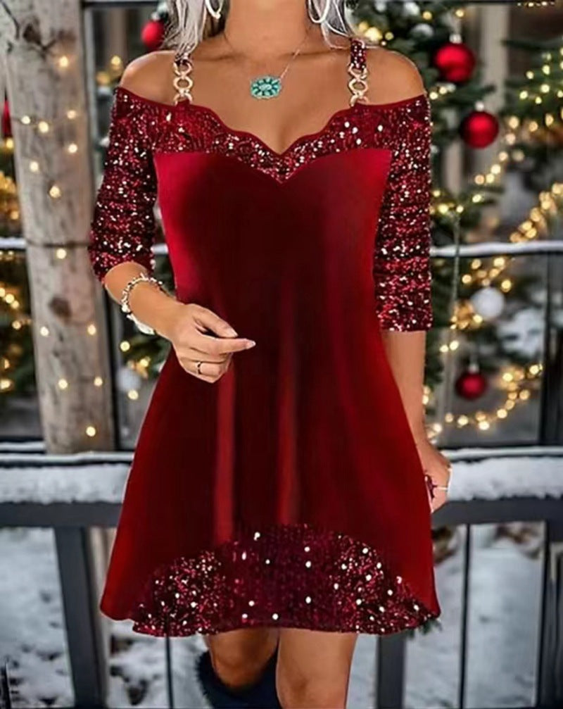 Robe swing sans manches en sequins pour femmes avec bretelles délicates, manches mi-longues et volant R&B