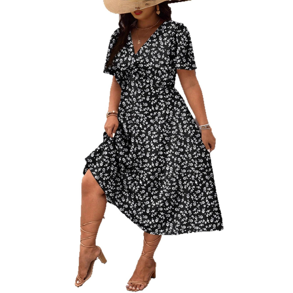 Robe Midi Femme avec Motif Floral et Fente Flatteuse R&B