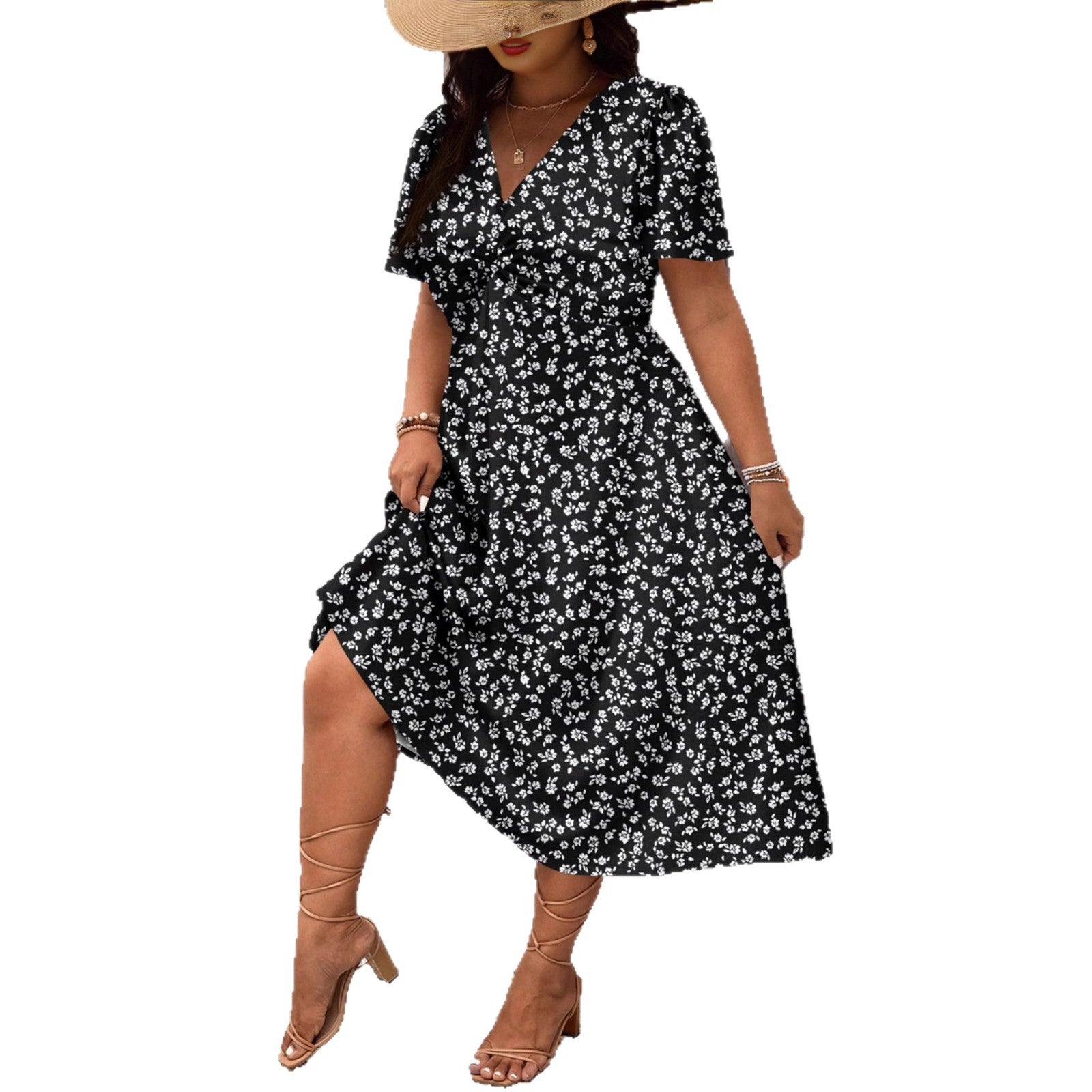 Robe Midi Femme avec Motif Floral et Fente Flatteuse R&B