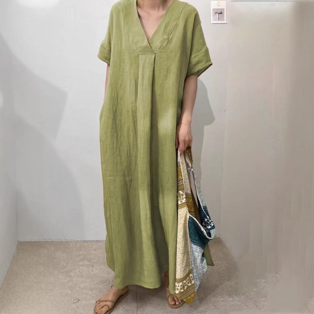 Robe longue en lin pour femmes avec décolleté en V et coupe décontractée R&B