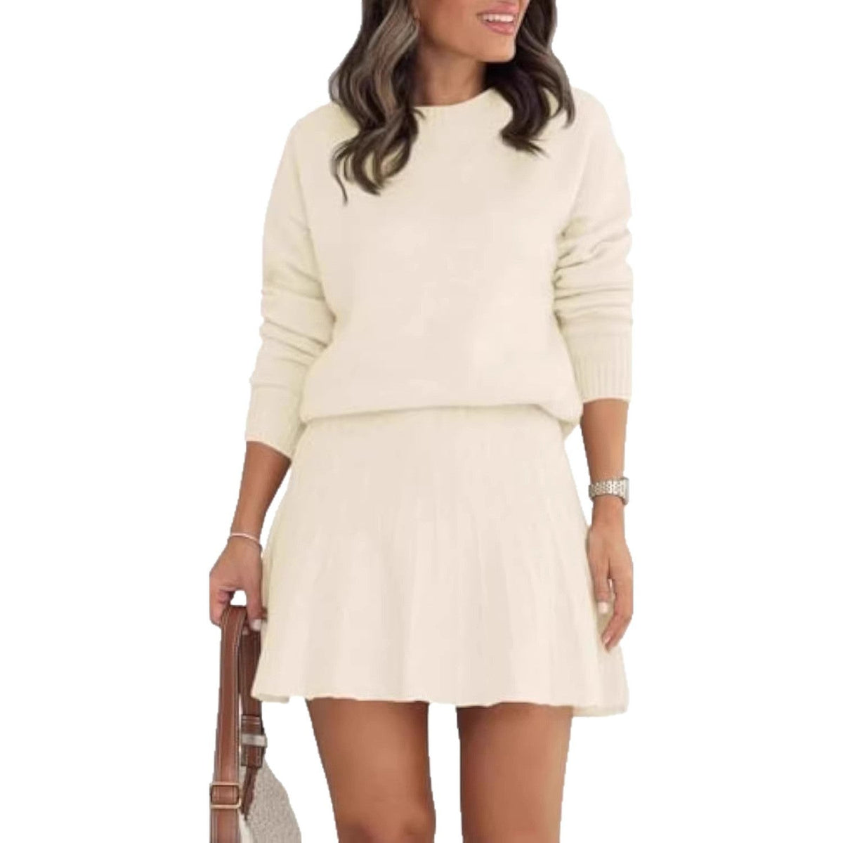 Ensemble en tricot pour femmes avec pull à col rond et mini-jupe plissée