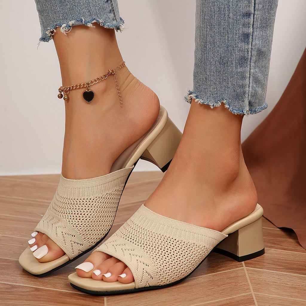 Mules pour femmes avec un dessus en tricot à la mode et un élégant talon bloc R&B