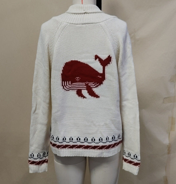 Cardigan en tricot oversize pour femmes avec motif de baleine et bordure nautique Echoarchiv