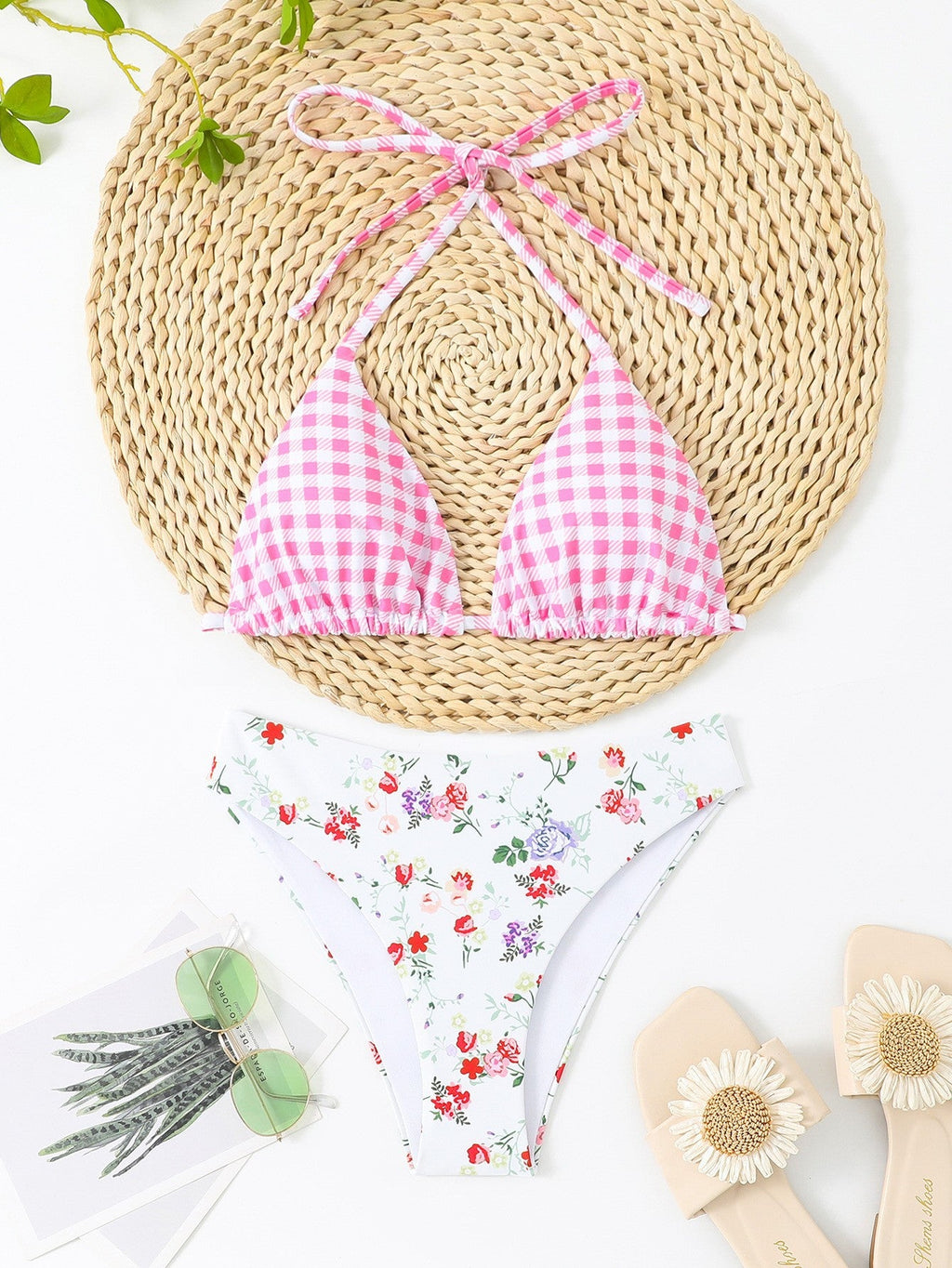 Bikini triangle femme avec motif floral et culotte à carreaux Echo Archiv