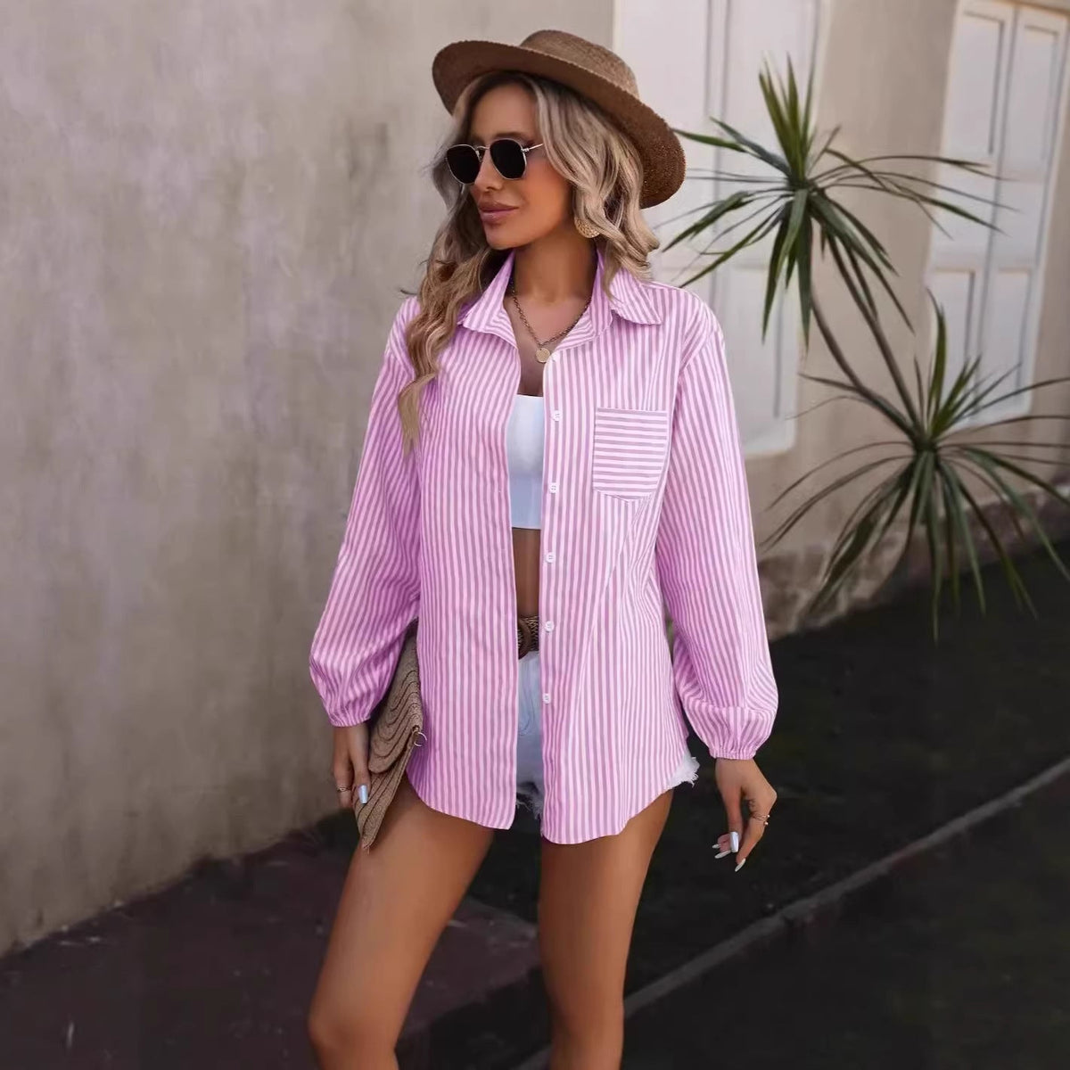 Chemisier Oversized à Rayures pour Femmes avec Poche Poitrine et Manches Bouffantes Echo Archiv