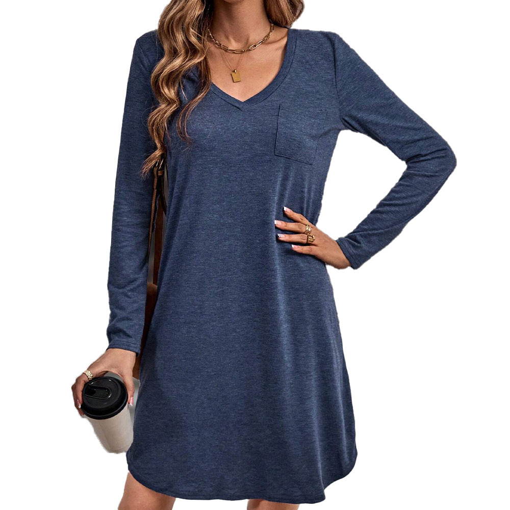 Robe en jersey décontractée pour femmes avec décolleté en V, poche poitrine et coupe A décontractée