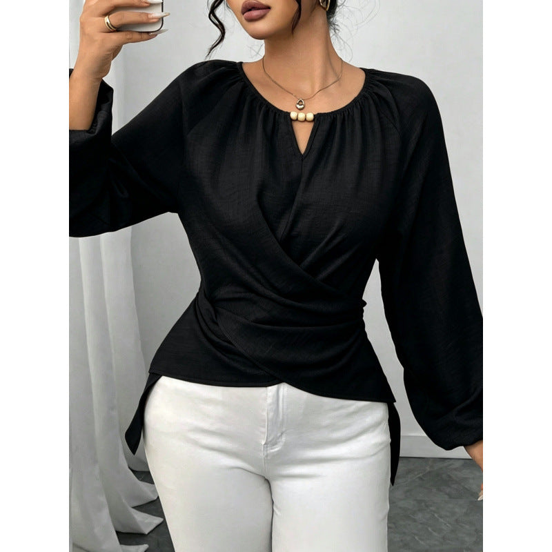 Blouse wrap cintrée pour femmes avec détail de perles et manches ballon Echoarchiv