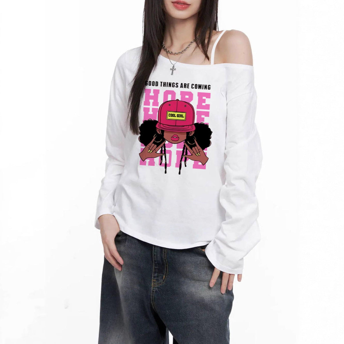 T-shirt décontracté à manches longues off-shoulder pour femmes avec impression graphique cartoon de grande taille - Echo Archiv