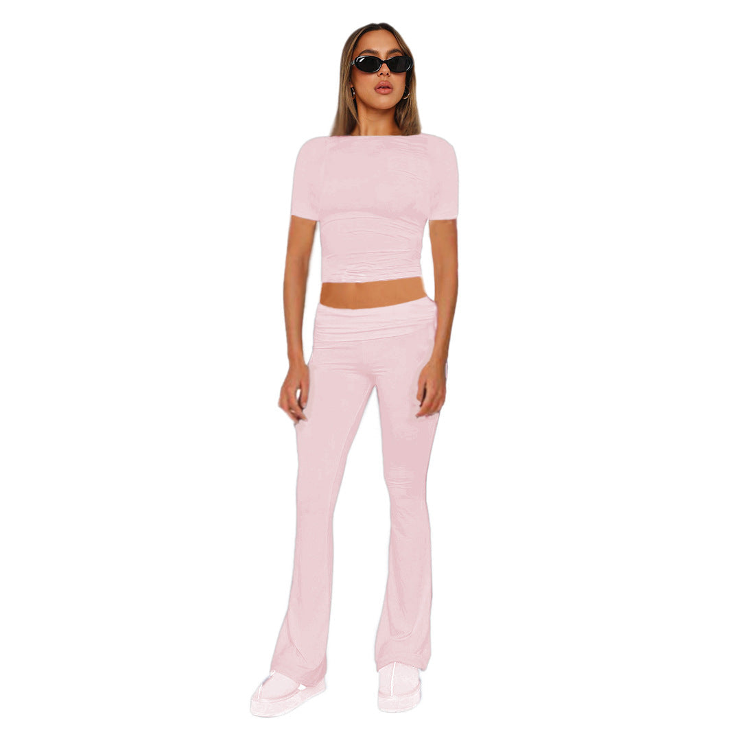 Ensemble femme crop en jersey stretch avec pantalon taille haute évasé Echoarchiv
