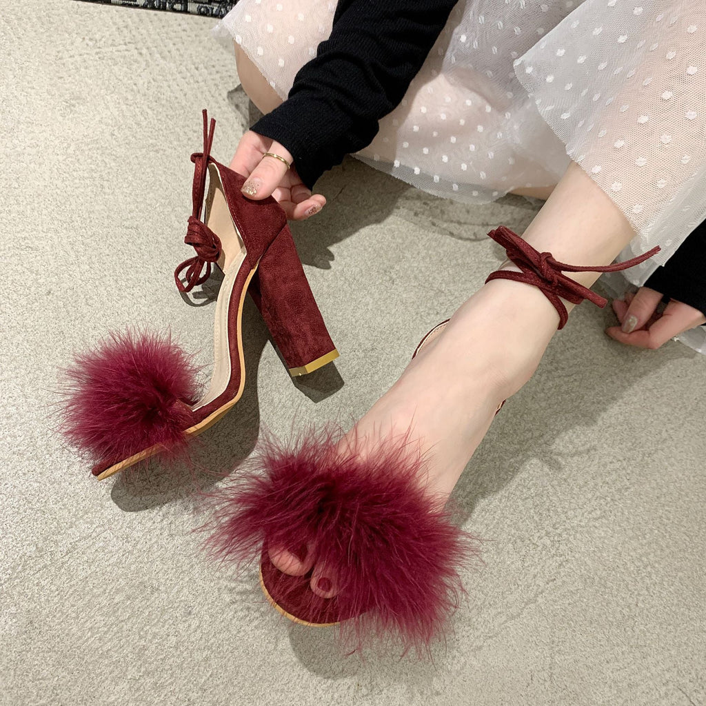 Sandales à talons hauts pour femmes avec pompon en peluche décoratif et lacets féminins R&B