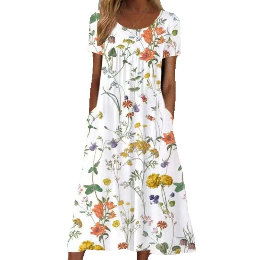 Robe maxi A-line d'été pour femmes avec décolleté en V, manches courtes et poches latérales en jersey léger R&B