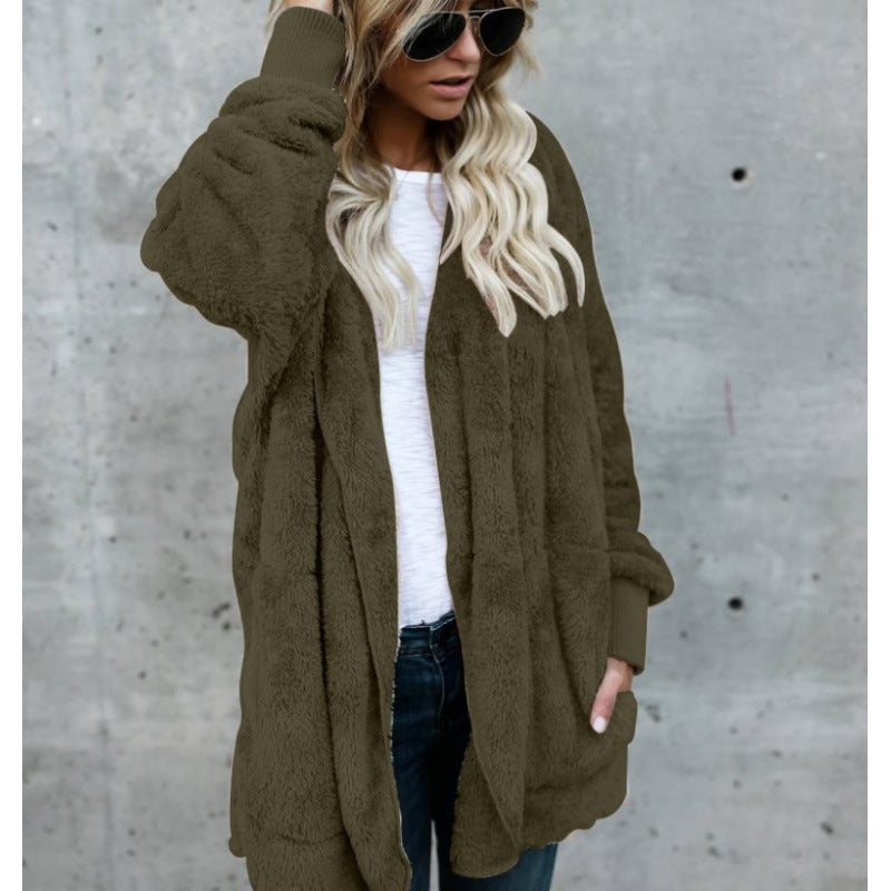 Manteau en Teddy‑Fleece oversize pour femmes avec ouverture frontale, poches latérales et bords côtelés Echo Archive