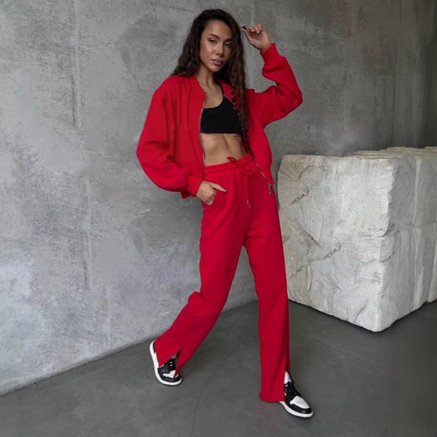 Ensemble en velours doux pour femmes avec bomber à fermeture éclair courte et pantalon taille haute avec fente Echo Archiv