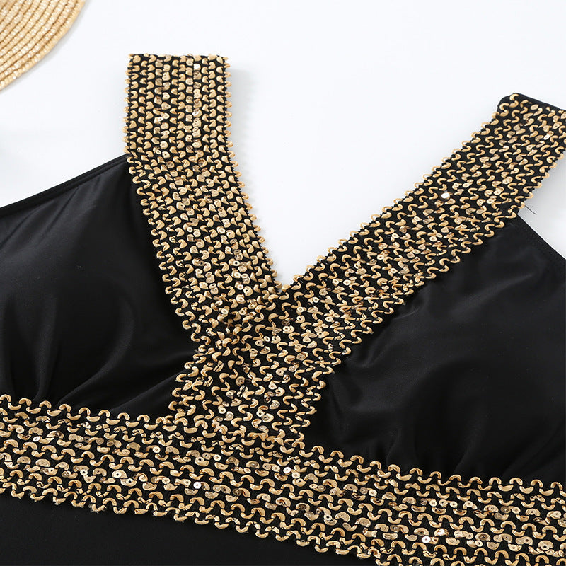 Maillot de bain une pièce pour femmes avec détails dorés décoratifs R&B