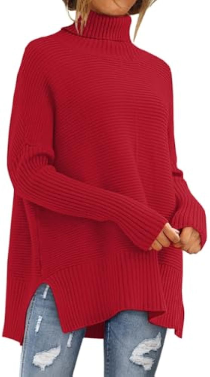 Pull à col roulé oversize en maille côtelée pour femmes avec fentes latérales et ourlet allongé