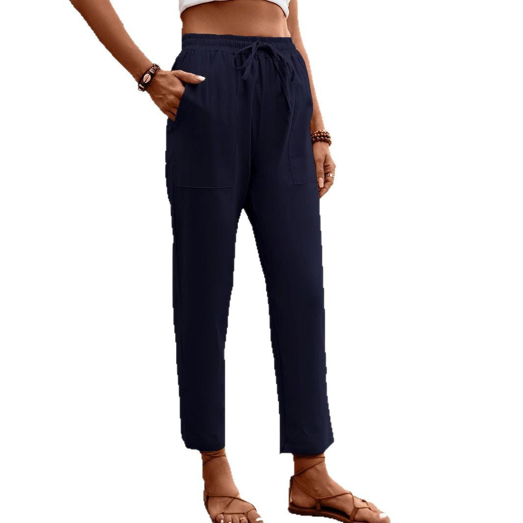 Pantalon Chino Femme Léger Taille Haute avec Cordon de Serrage, Poches Plaquées et Coupe Cheville Raccourcie