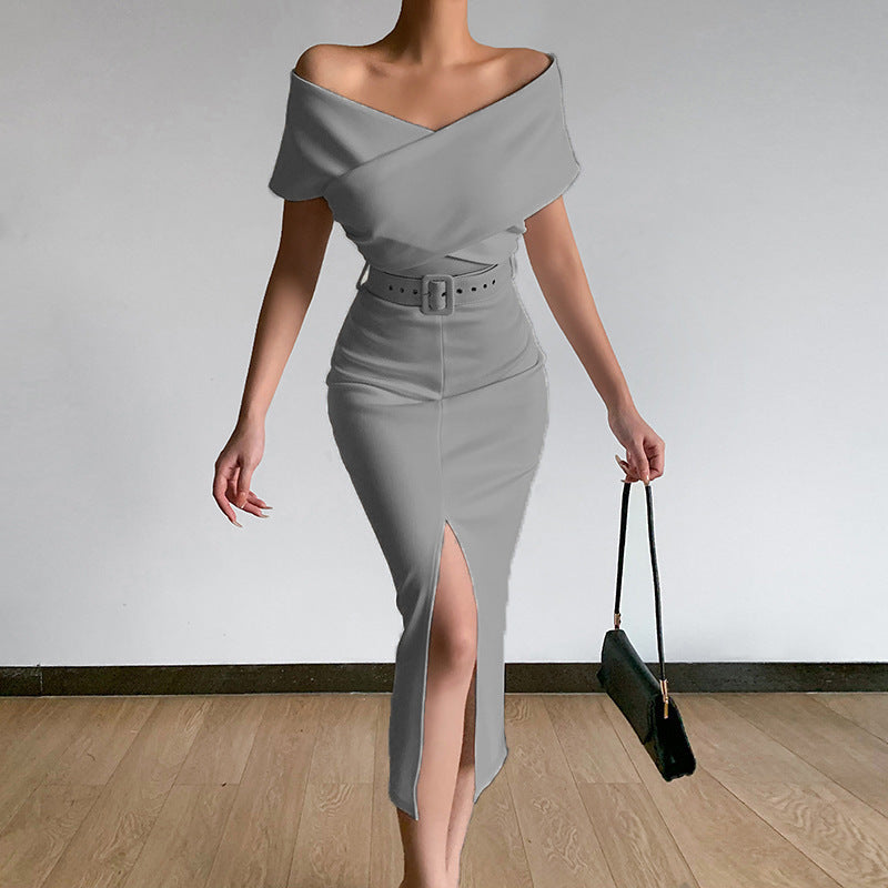 Robe Maxi Off-Shoulder pour Femme avec Ceinture à la Taille et Fente Latérale R&B