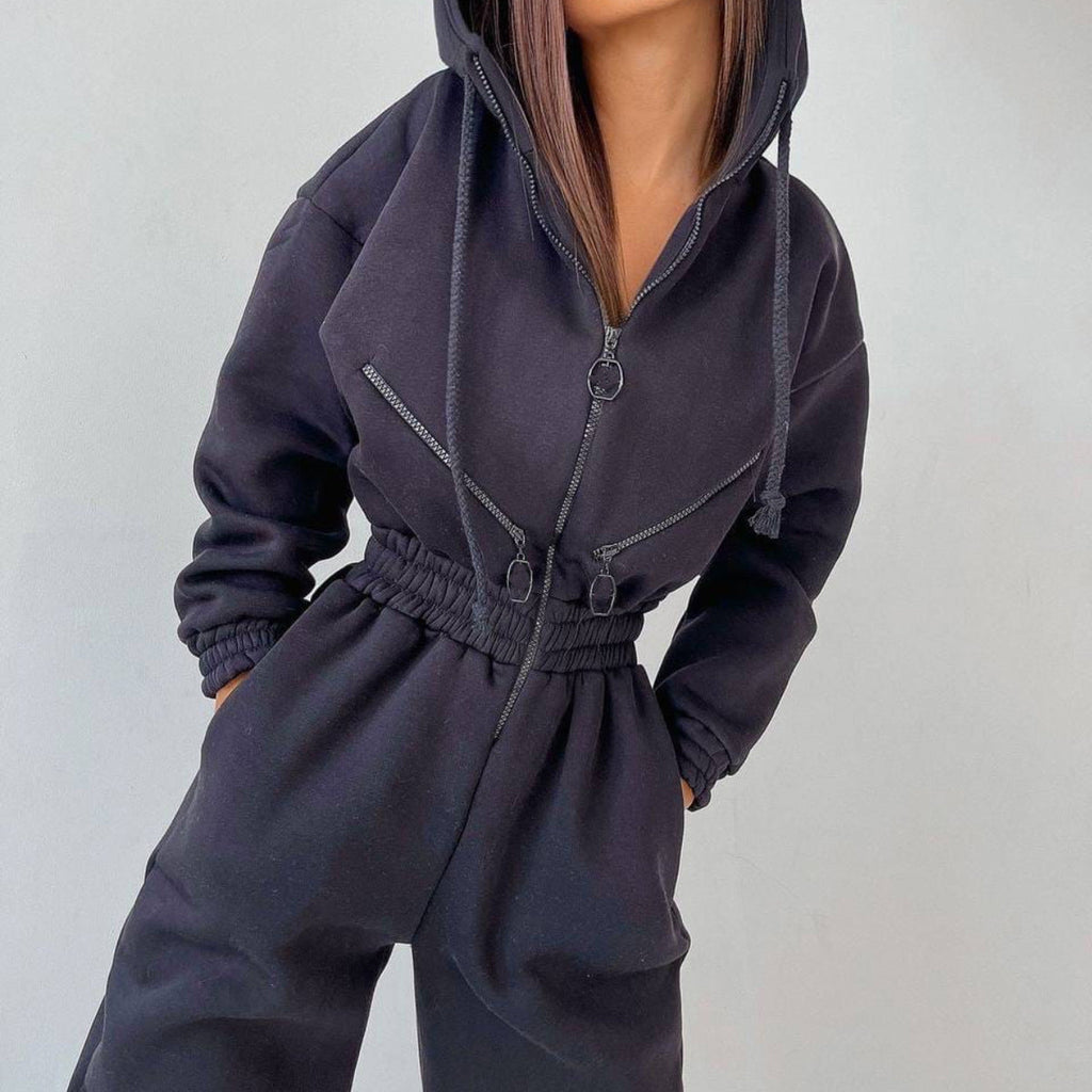 Combinaison ajustée à capuche pour femmes avec taille élastique et fermetures éclair contrastées marquantes Echo Archive