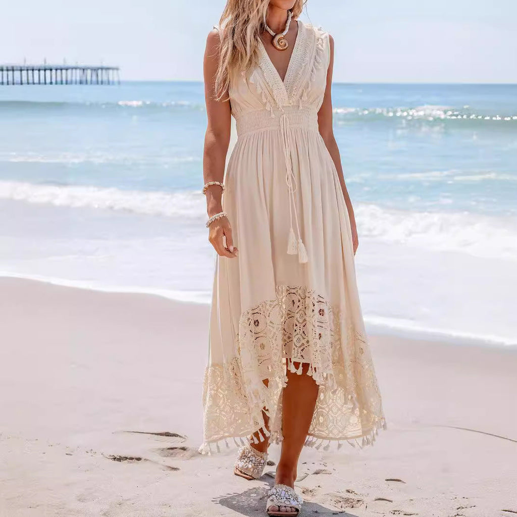 Robe maxi bohémienne pour femmes avec détails en dentelle et volants R&B