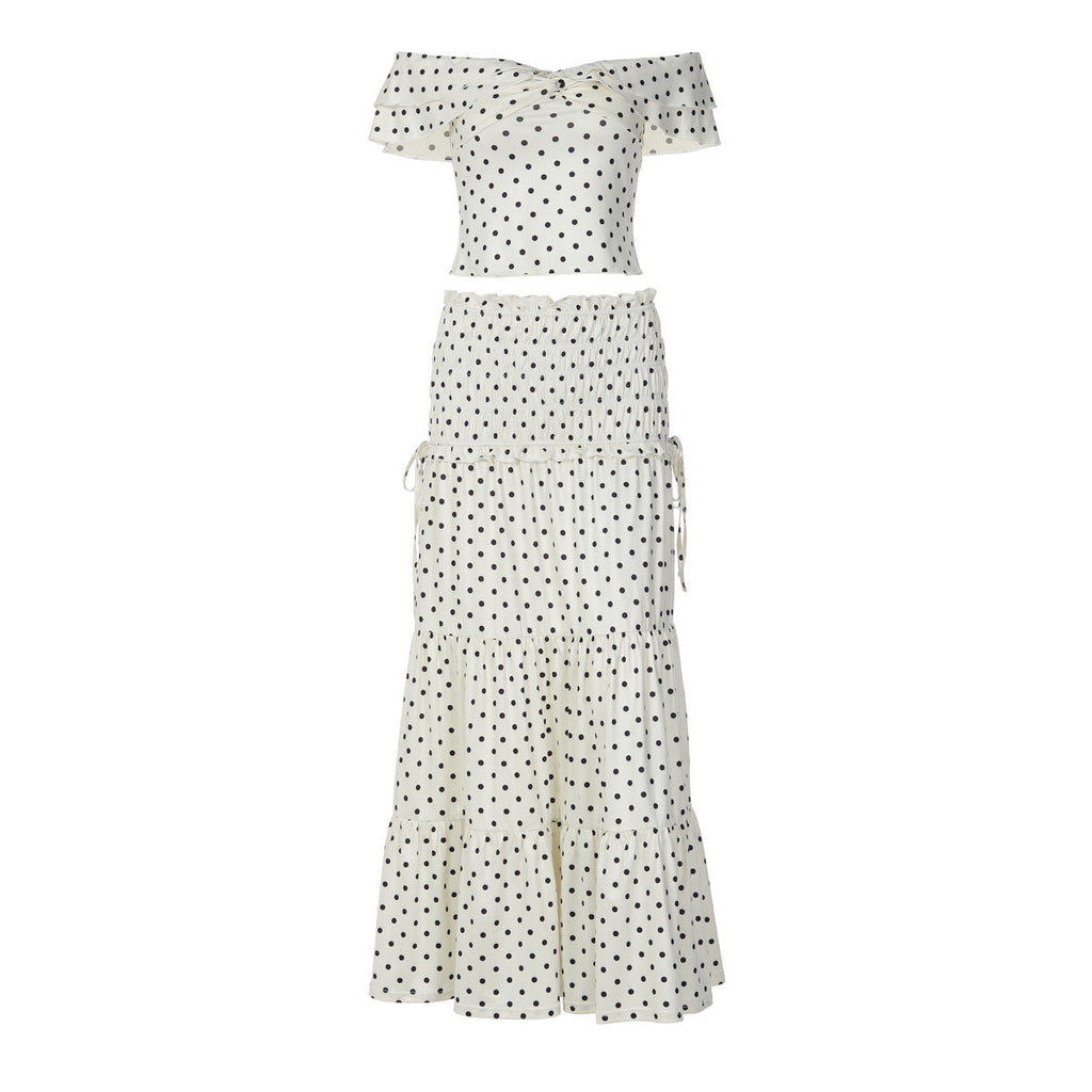 Ensemble à pois à deux pièces pour femmes avec haut sans épaules et jupe évasée R&B