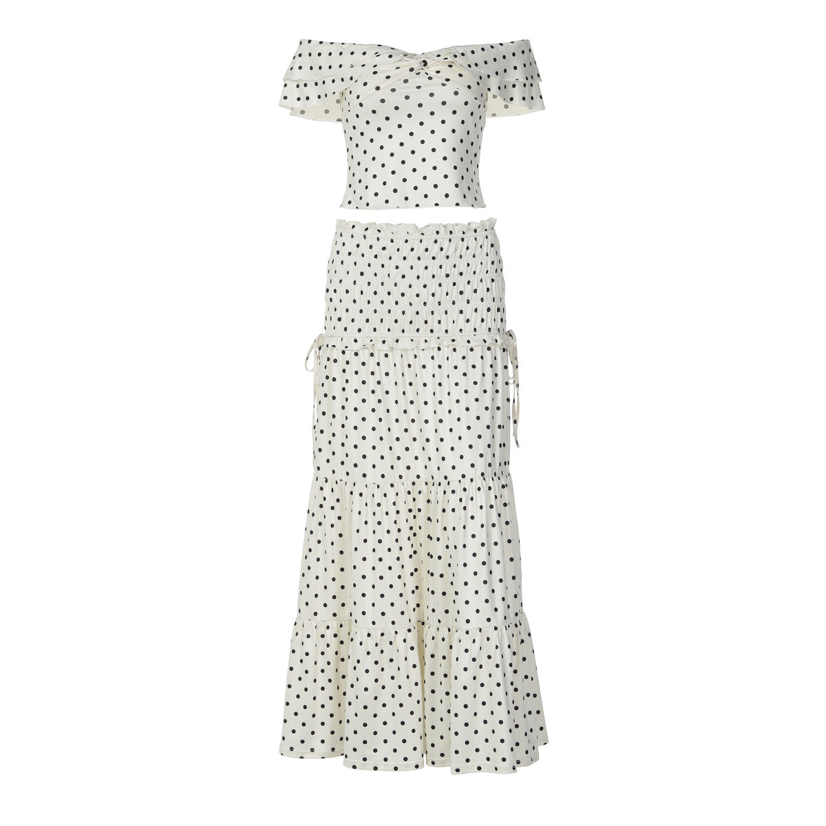 Ensemble à pois à deux pièces pour femmes avec haut sans épaules et jupe évasée R&B