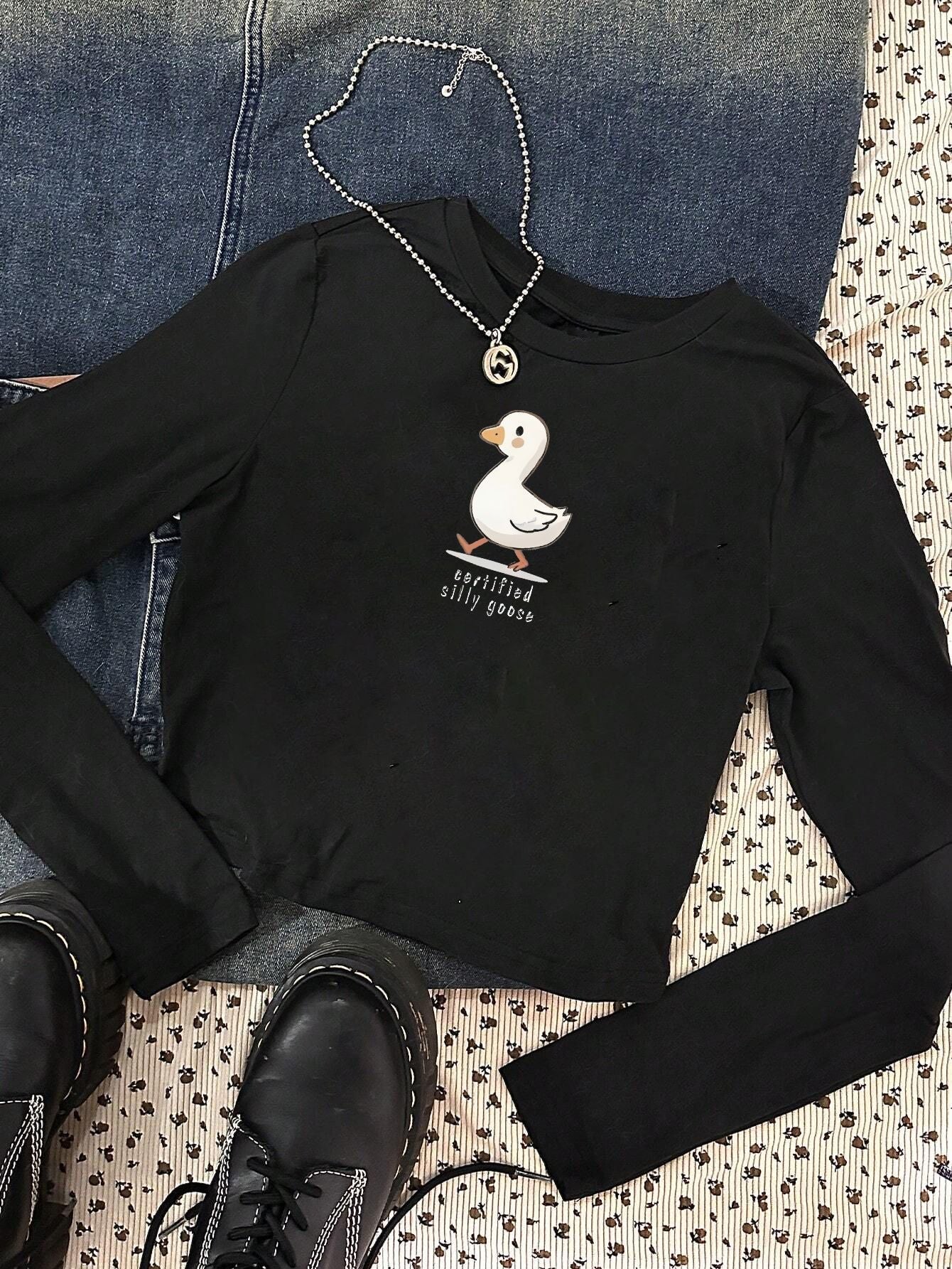 T-shirt à manches longues ajusté pour femmes avec un joli motif de canard, col rond et léger stretch Echo Archiv