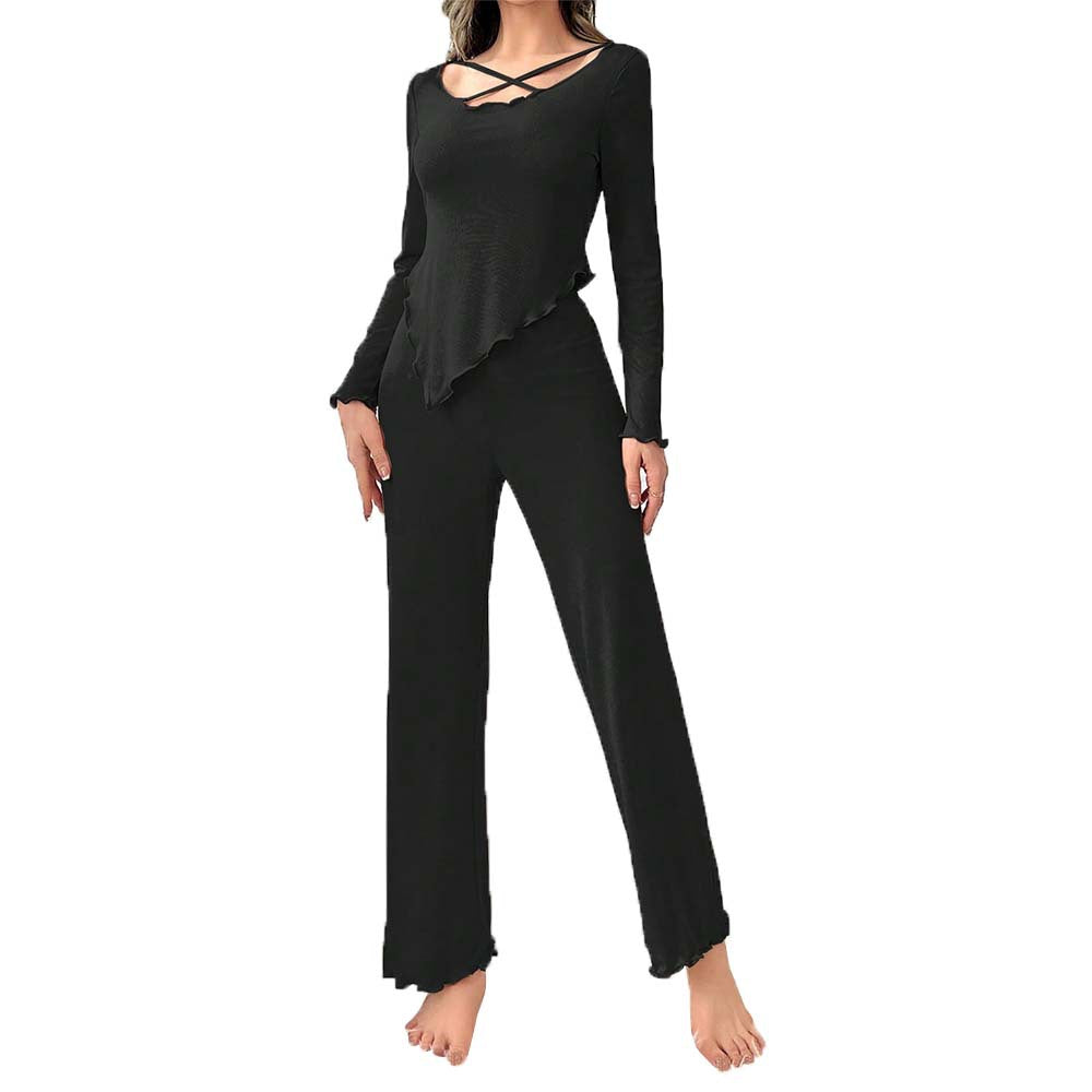 Ensemble lounge décontracté pour femmes avec haut asymétrique à pointes, décolleté croisé et pantalon large