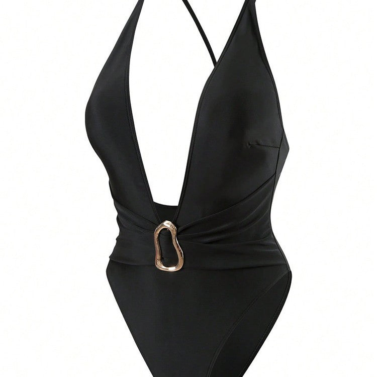 Maillot de bain une pièce pour femmes avec décolleté en V profond et élément décoratif élégant R&B