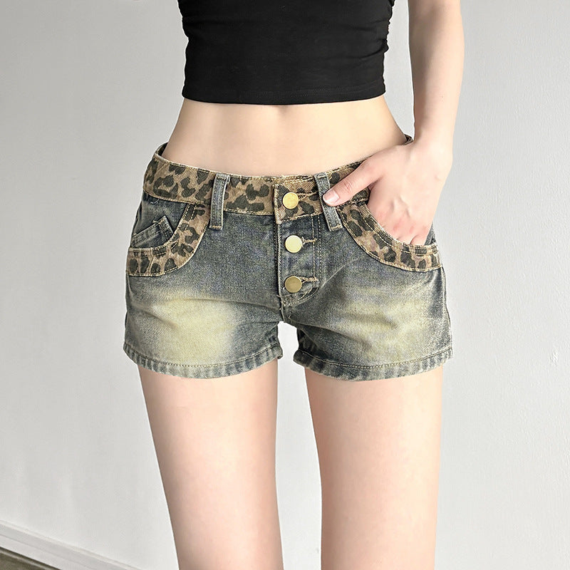 Shorts en jean pour femmes avec motif léopard et taille froncée R&B