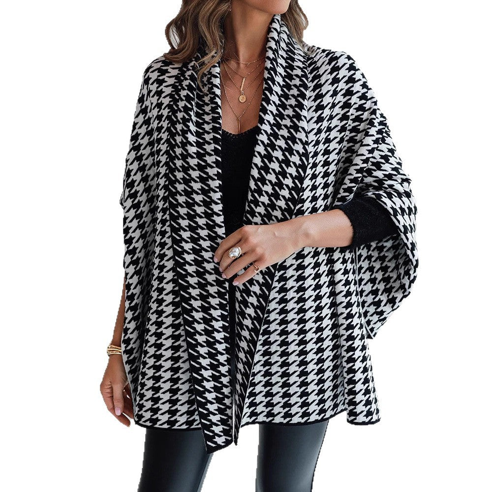 Poncho Oversized pour Femmes avec Motif Pied-de-Poule et Col Châle Ouvert Echo Archiv
