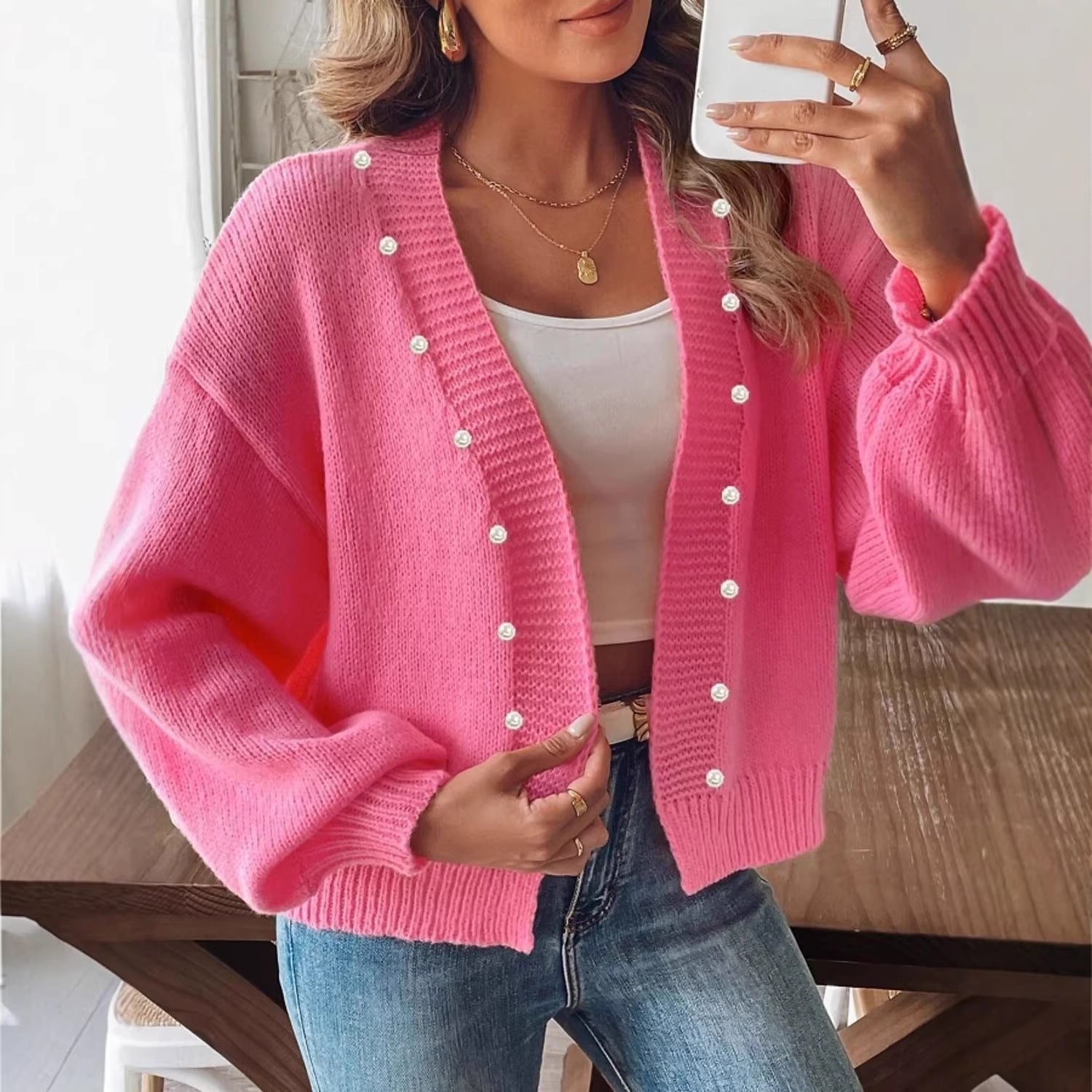 Cardigan en grosse maille pour femmes avec boutons en perles et manches ballon Echo Archiv