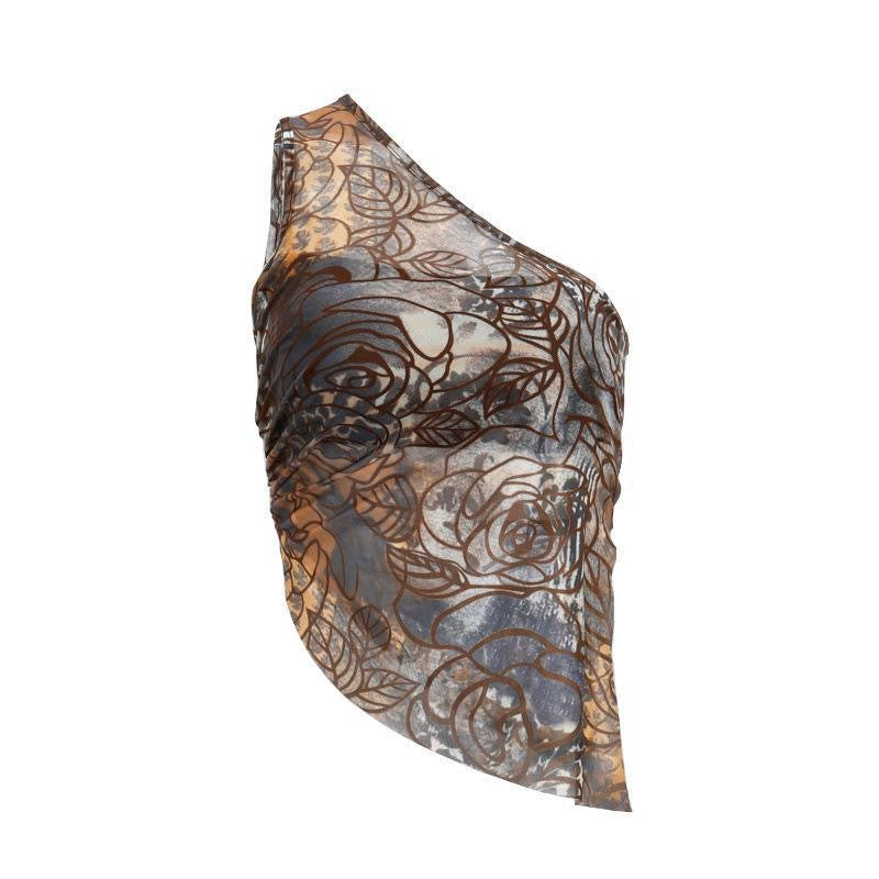Haut en dentelle transparent pour femmes avec motif floral et ourlet asymétrique R&B