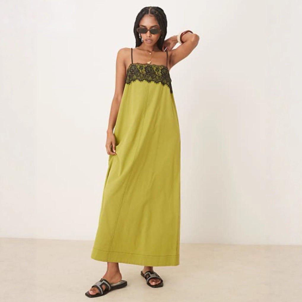 Robe maxi inspirée de la lingerie de nuit pour femmes avec bustier en dentelle et fines bretelles spaghetti R&B