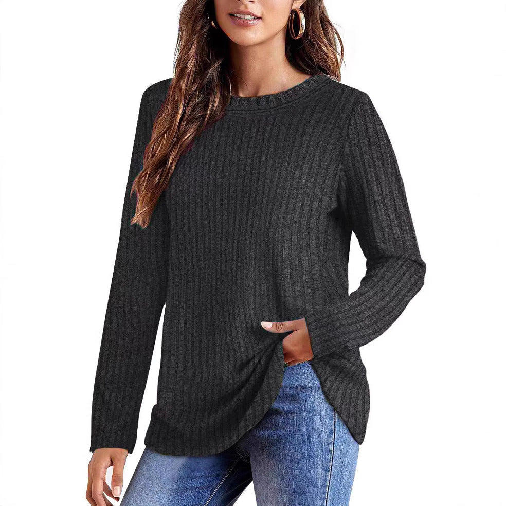 T-shirt long en maille fine côtelée pour femmes avec col rond et ourlet asymétrique