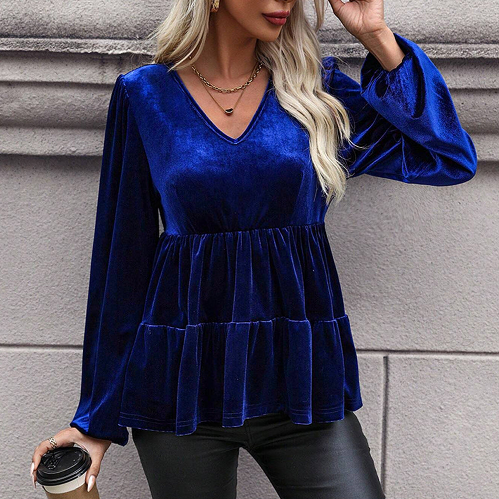 Top peplum en velours avec volant pour femmes, décolleté en V, taille froncée et manches ballon longues Echo Archiv
