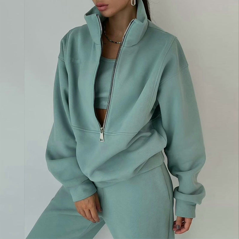 Ensemble de sweat-shirt à demi-zip et pantalon de jogging pour femmes avec col montant, coupe oversize et doux French-Terry Echo Archiv