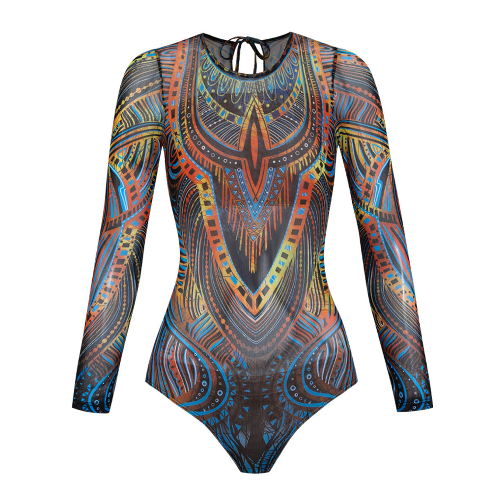 Maillot de bain à manches longues pour femmes avec motif graphique coloré R&B