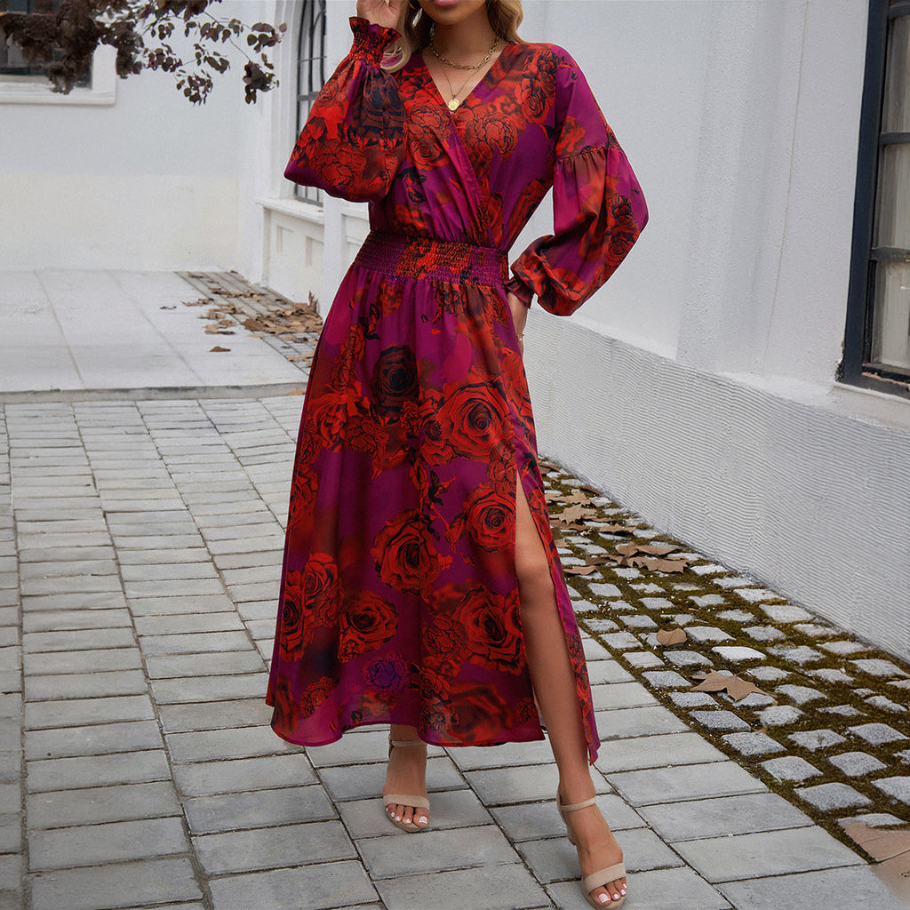 Robe midi portefeuille pour femmes avec décolleté en V, manches ballon et ceinture cintrante Echo Archiv