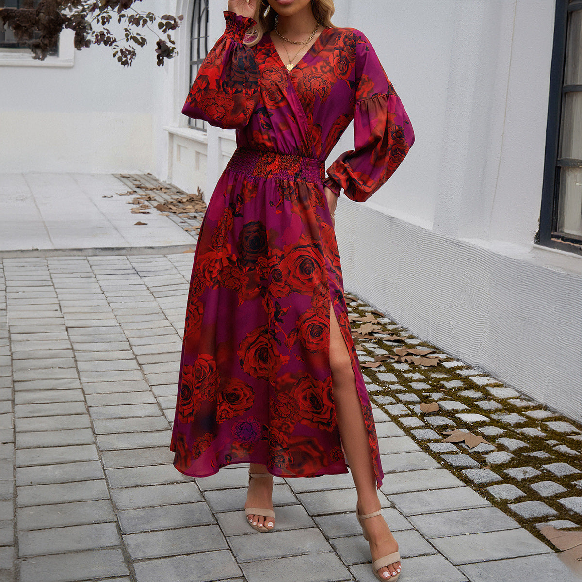 Robe midi portefeuille pour femmes avec décolleté en V, manches ballon et ceinture cintrante Echo Archiv