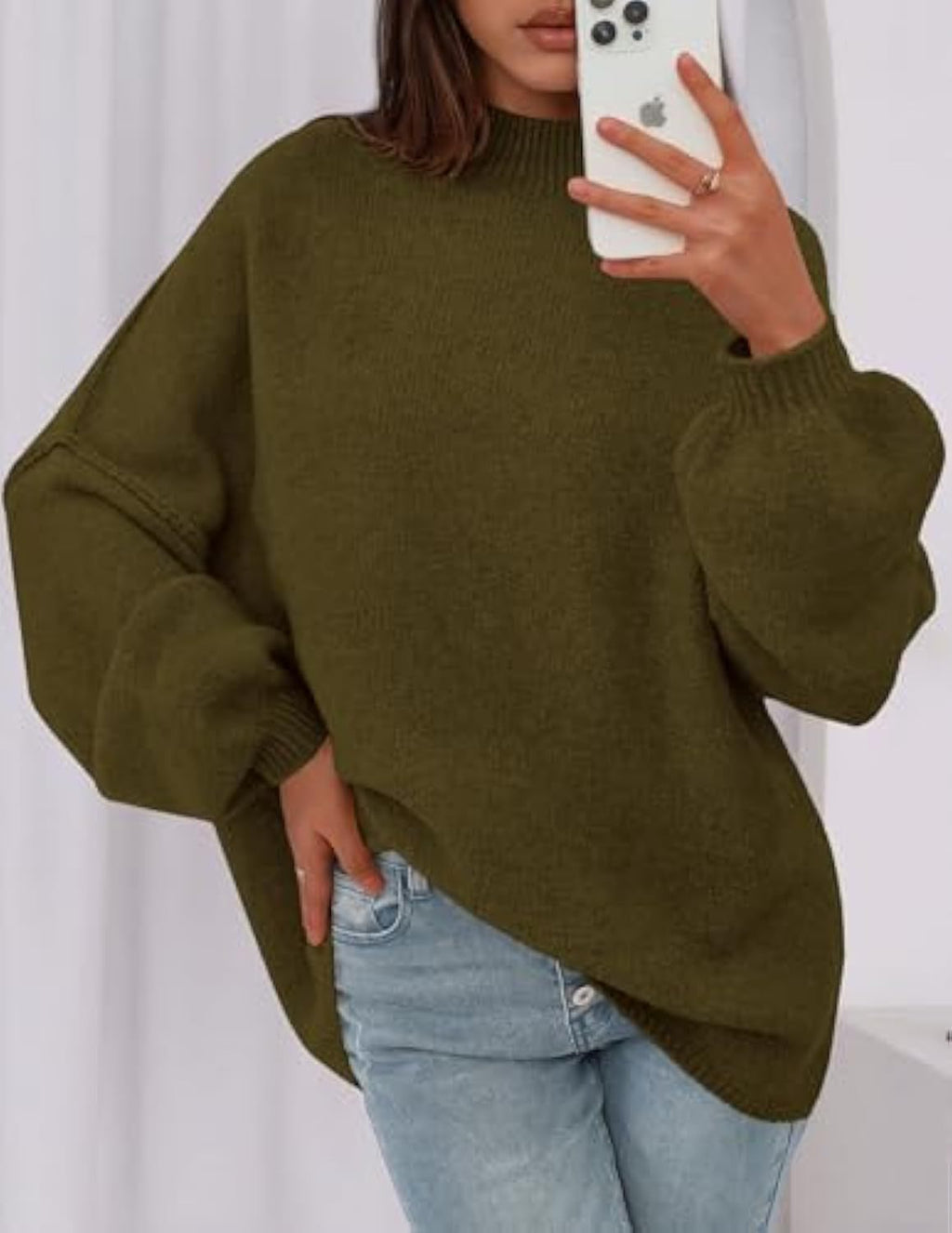 Pull en maille oversize pour femmes avec col montant et manches ballon