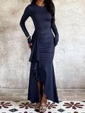 Robe de soirée ajustée pour femme avec manches longues, taille froncée et volant asymétrique Echo Archiv