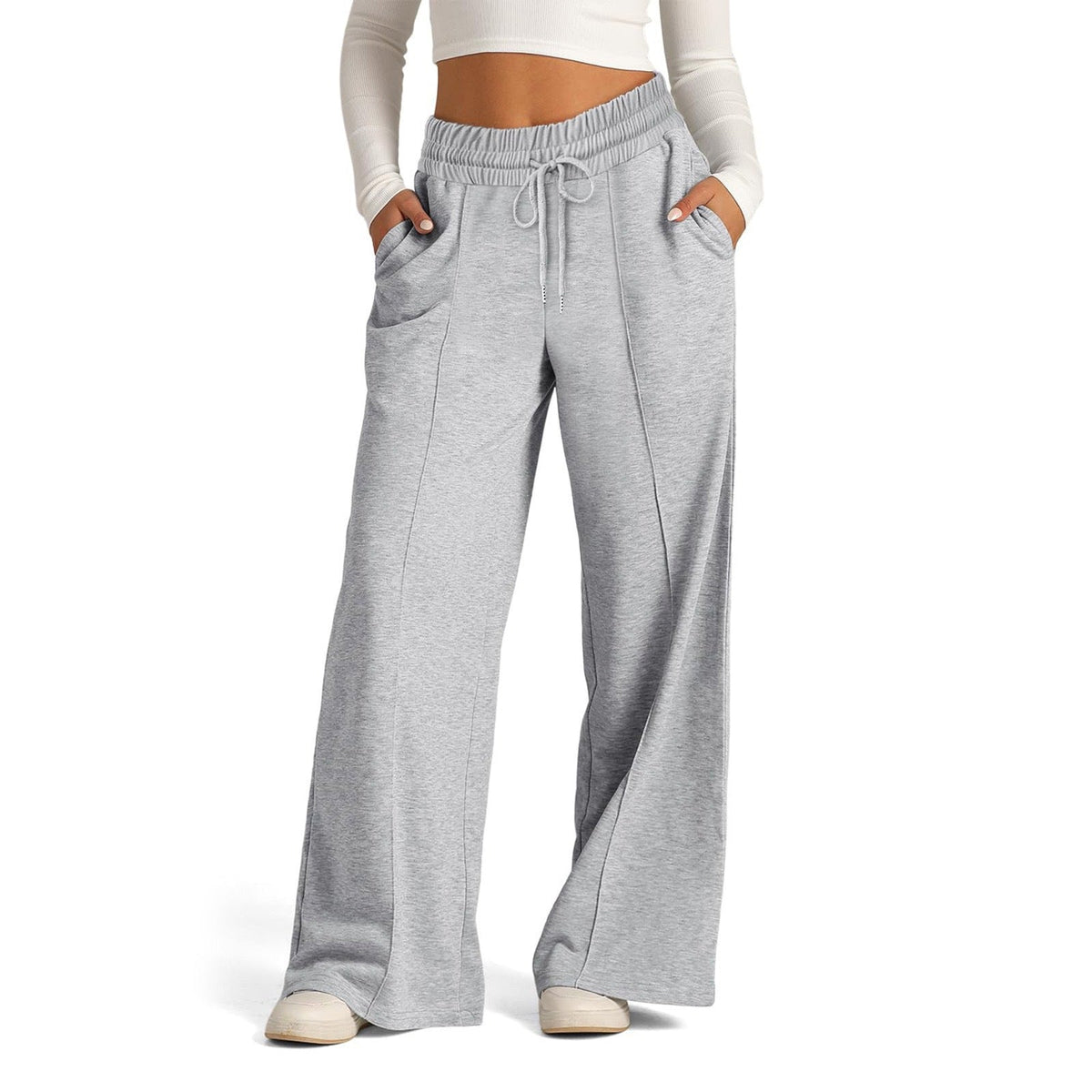 Pantalon large taille haute pour femmes avec cordon de serrage, poches latérales et couture avant Echoarchiv